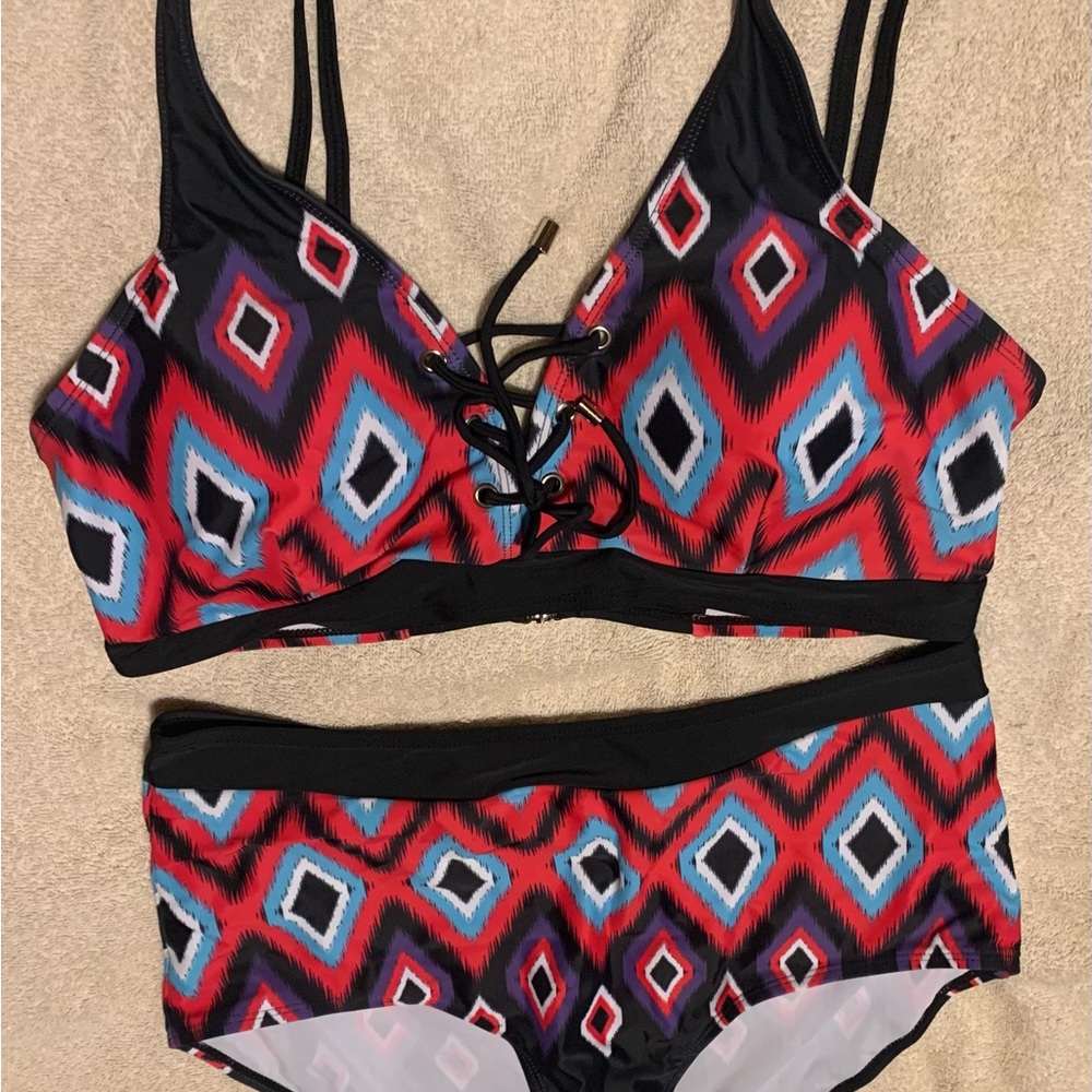 Stylish Red and Blue Patterned Bikini
